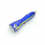 A blue and yellow car charger with an owl on it.