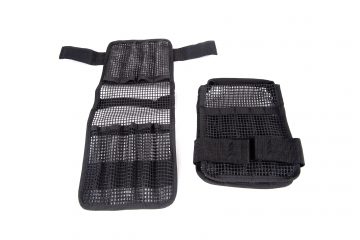 A pair of black mesh bags with straps.
