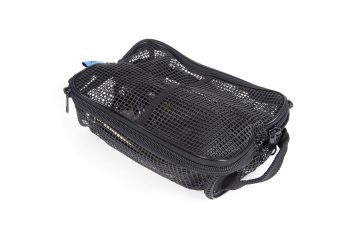 A black mesh bag with blue lining and handles.