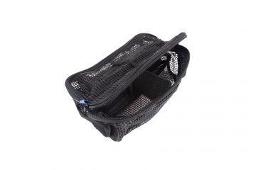 A black mesh bag with a handle and some compartments