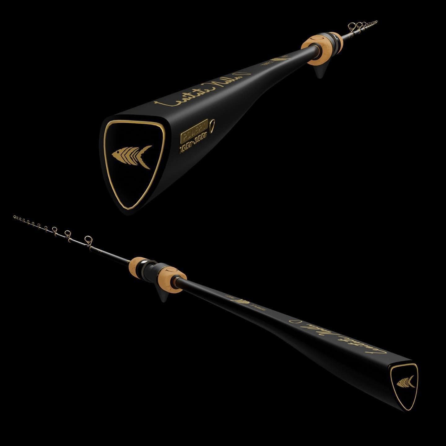 A black and gold fishing rod with two different designs.