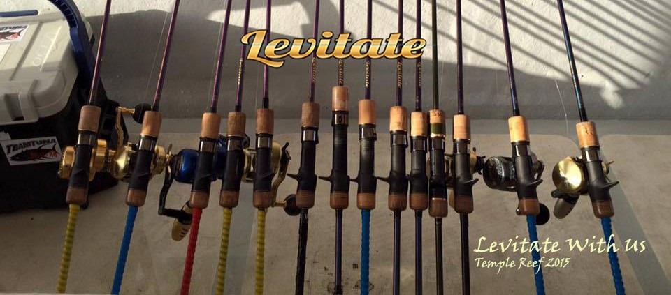 A rack of fishing rods with the word " levitate " underneath.