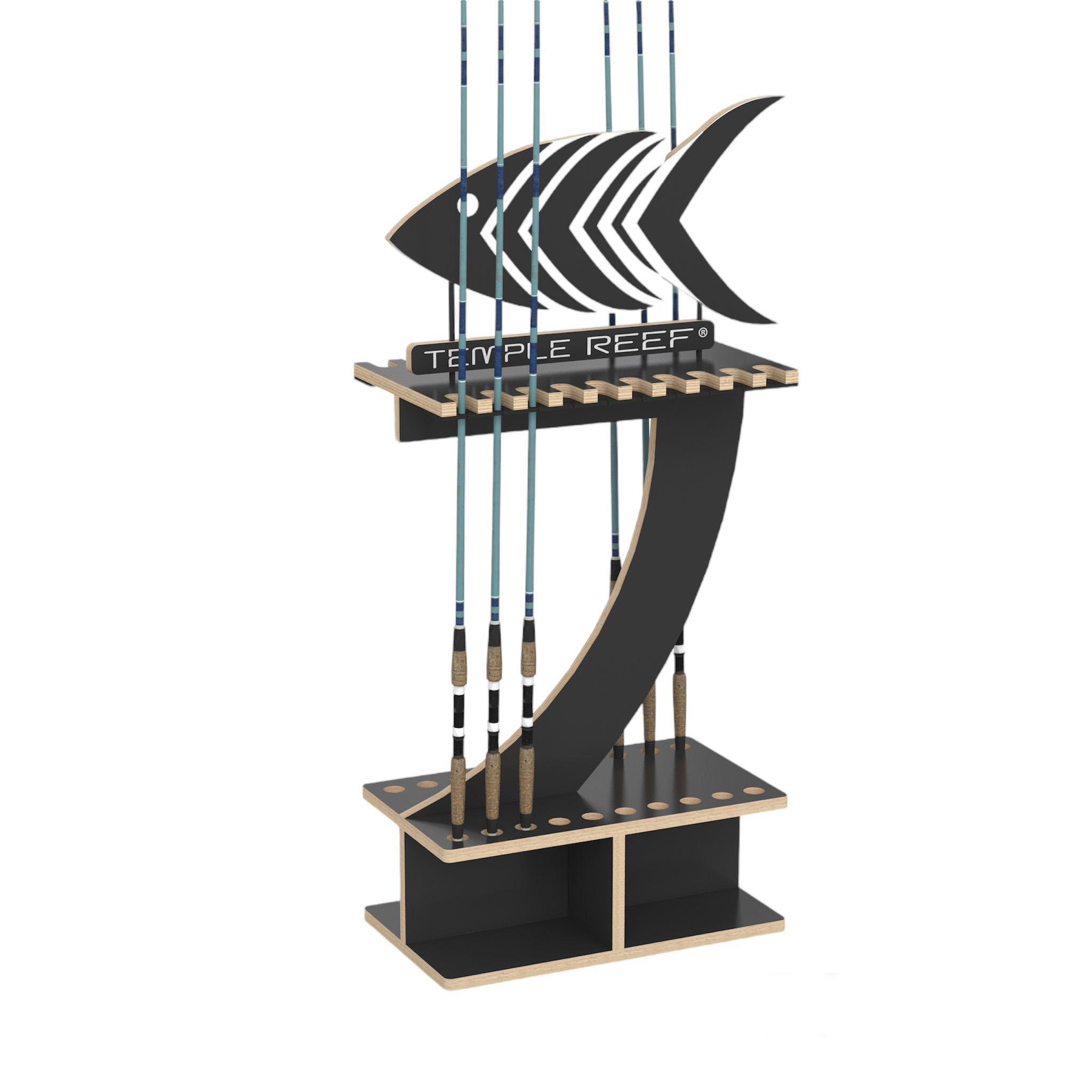 A display rack with fishing rods on it.